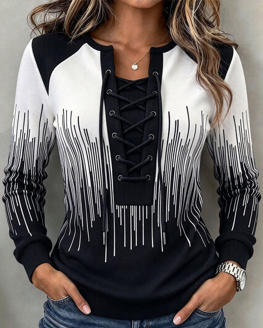 Women's black and white geometric lace-up fitted sweatshirt