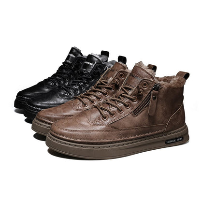 Men's lace-up ankle boots with plush-looking lining, side zipper and flat sole