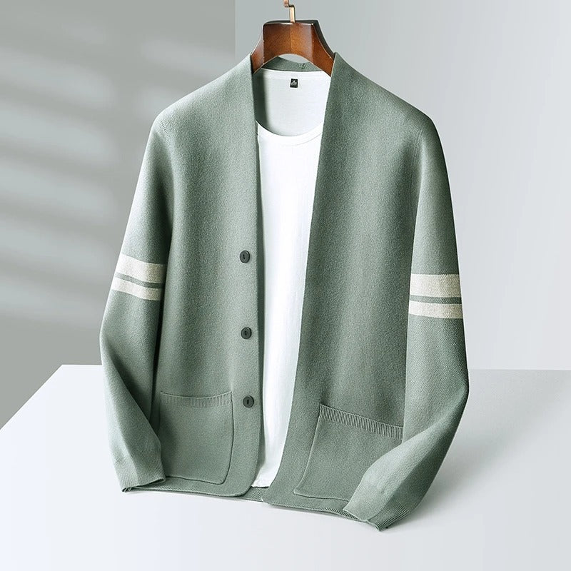 Men's button-front cardigan with striped sleeves and patch pockets