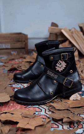 Men's ankle biker boots with multiple buckle straps