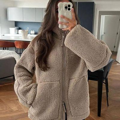 Women's textured teddy fleece zip-up coat with stand collar and front pockets