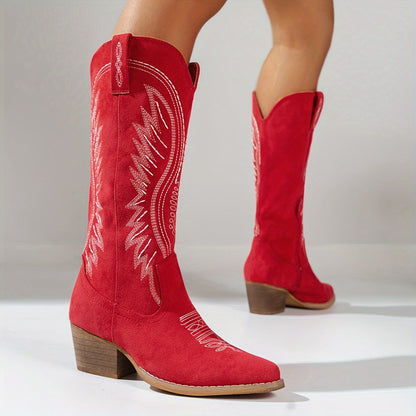 Women's knee-high western boots with embroidered detailing and block heels