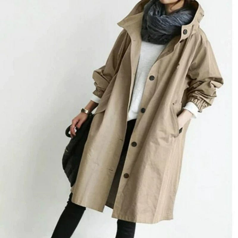 Women's long hooded raincoat with button front and patch pockets