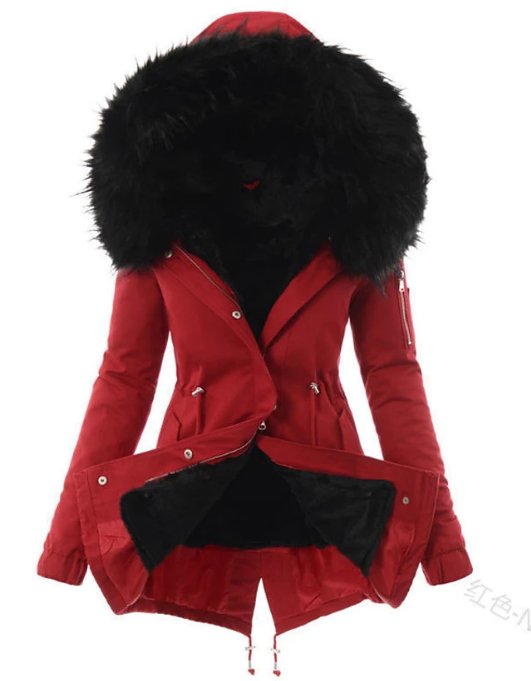 Women's long hooded parka jacket with fur-look trim and adjustable waist