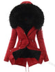 Women's long hooded parka jacket with fur-look trim and adjustable waist