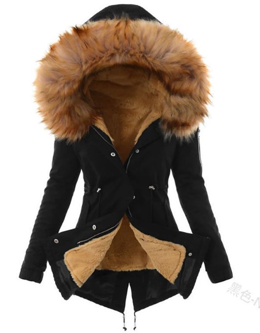 Women's long hooded parka jacket with fur-look trim and adjustable waist