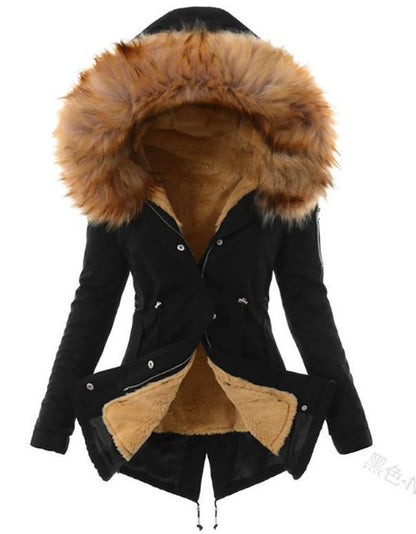 Women's long hooded parka jacket with fur-look trim and adjustable waist