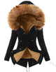 Women's long hooded parka jacket with fur-look trim and adjustable waist