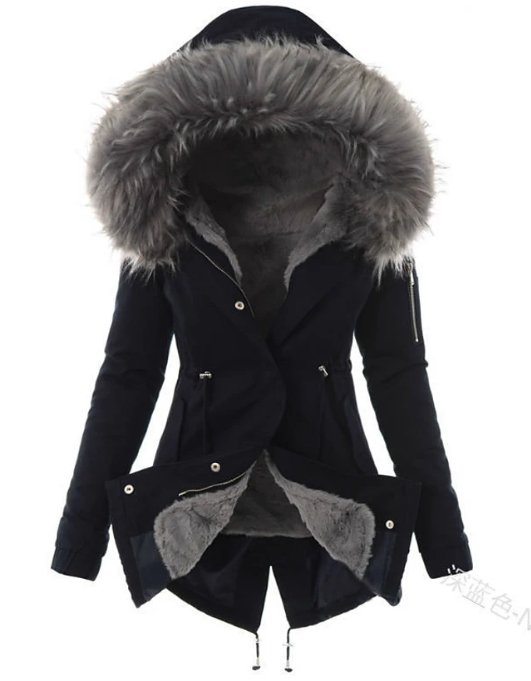 Women's long hooded parka jacket with fur-look trim and adjustable waist