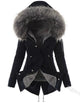 Women's long hooded parka jacket with fur-look trim and adjustable waist