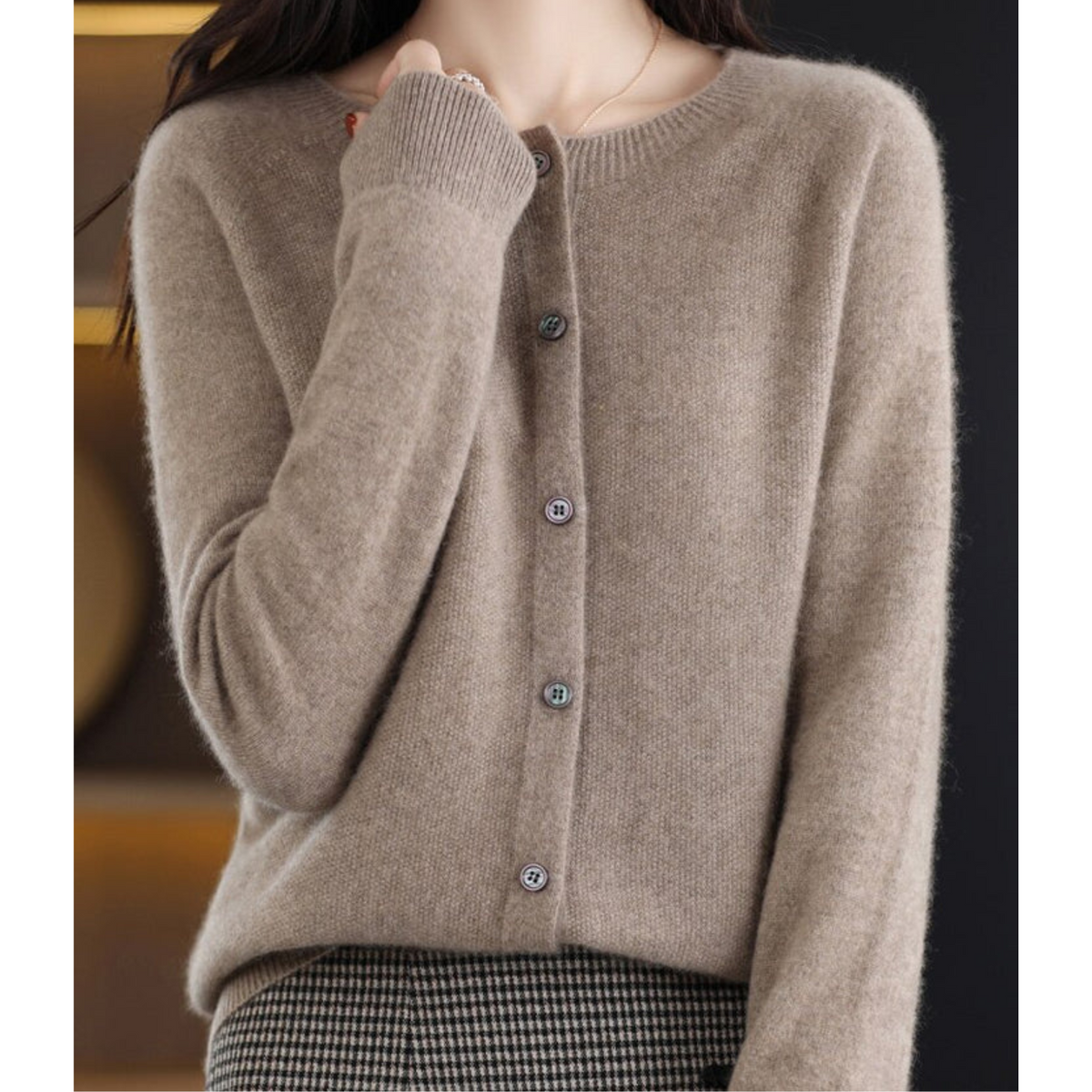 Women's plain button-front cardigan sweater with long sleeves and ribbed trims