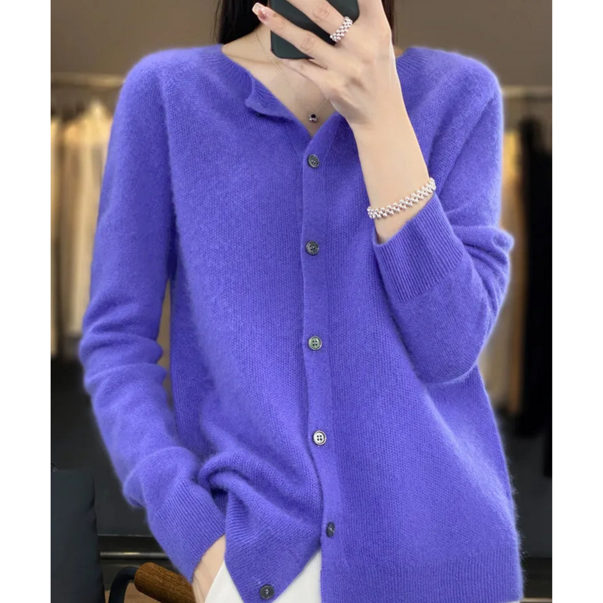 Women's plain button-front cardigan sweater with long sleeves and ribbed trims