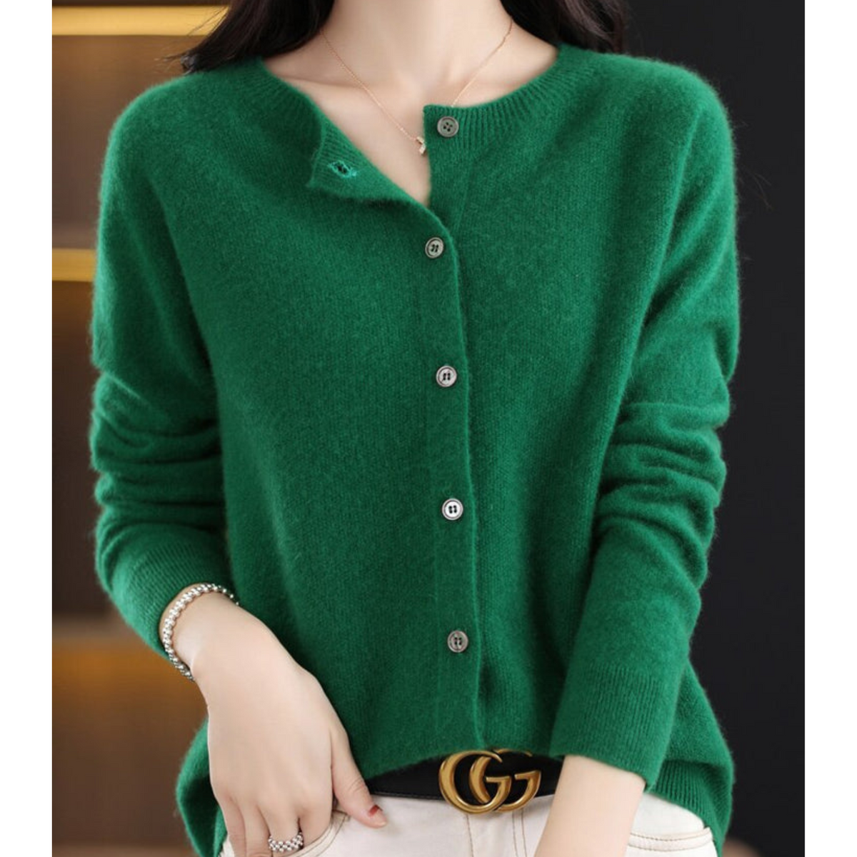 Women's plain button-front cardigan sweater with long sleeves and ribbed trims