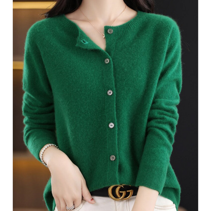 Women's plain button-front cardigan sweater with long sleeves and ribbed trims