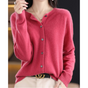Women's plain button-front cardigan sweater with long sleeves and ribbed trims