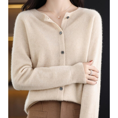 Women's plain button-front cardigan sweater with long sleeves and ribbed trims