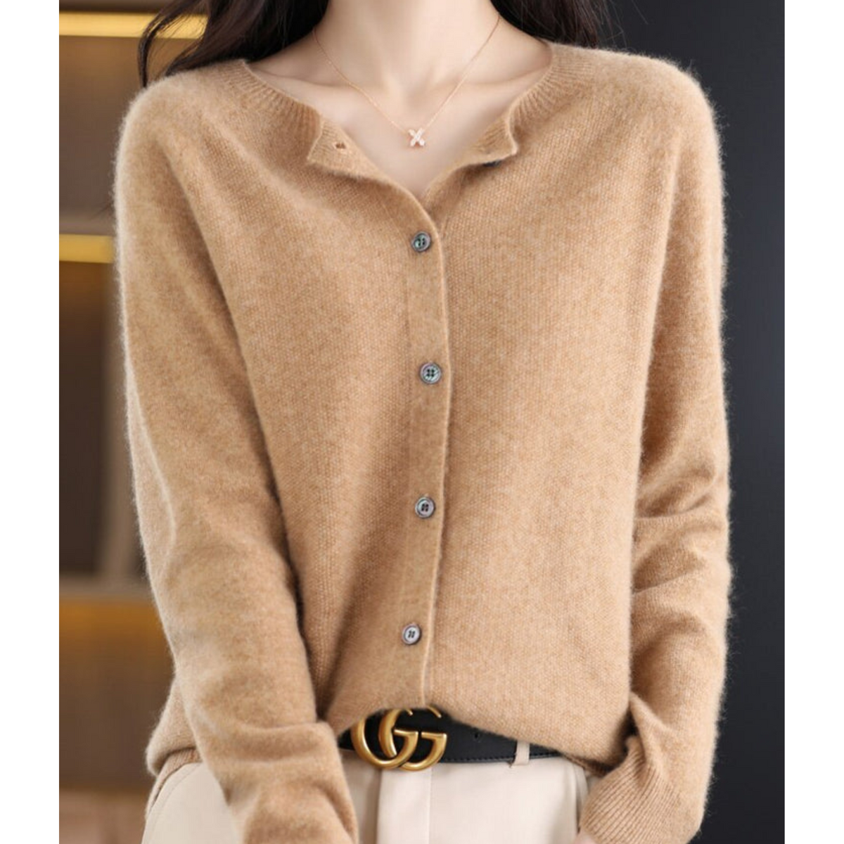 Women's plain button-front cardigan sweater with long sleeves and ribbed trims