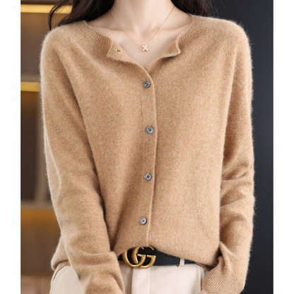 Women's plain button-front cardigan sweater with long sleeves and ribbed trims
