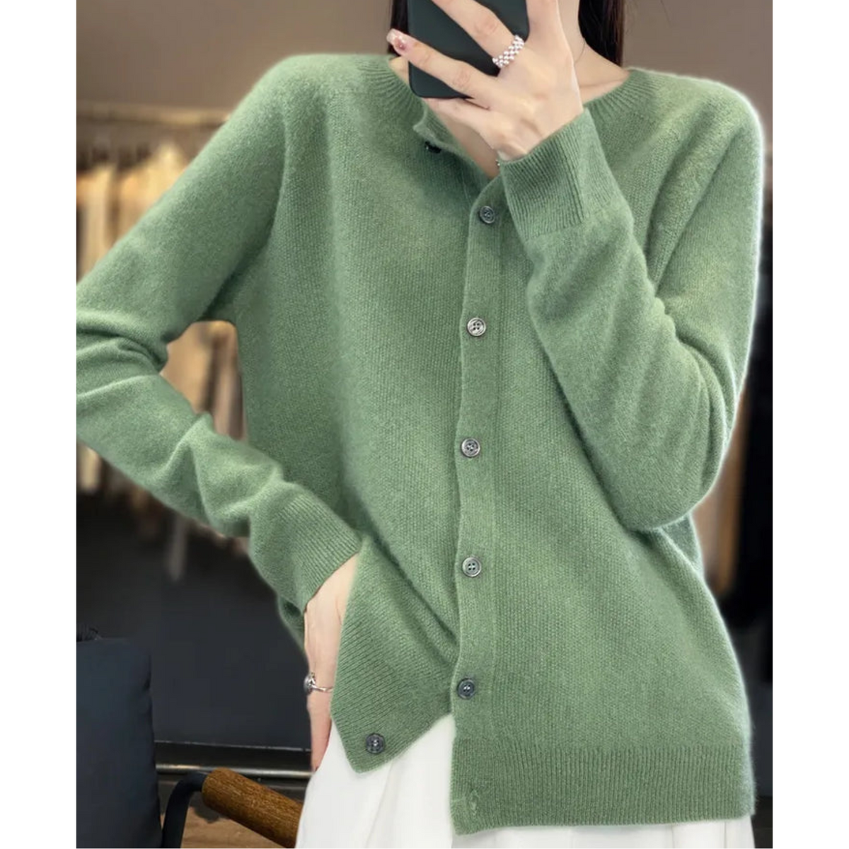 Women's plain button-front cardigan sweater with long sleeves and ribbed trims