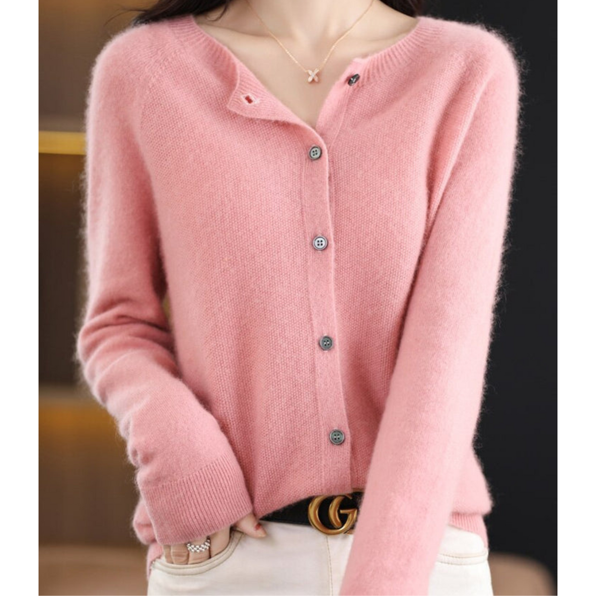 Women's plain button-front cardigan sweater with long sleeves and ribbed trims