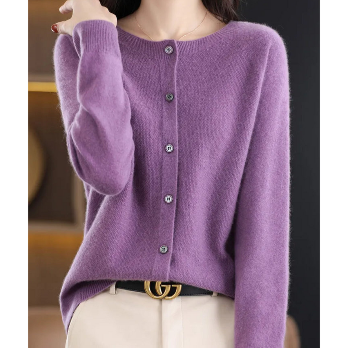 Women's plain button-front cardigan sweater with long sleeves and ribbed trims