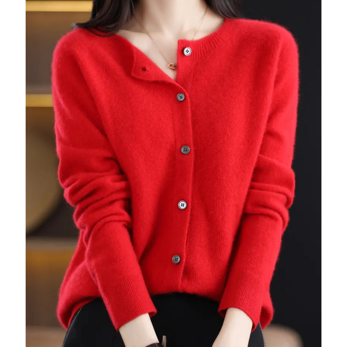 Women's plain button-front cardigan sweater with long sleeves and ribbed trims