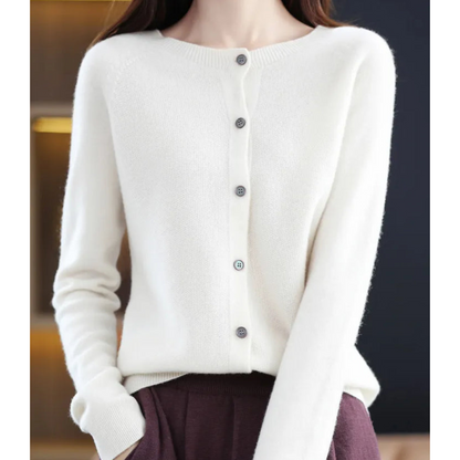 Women's plain button-front cardigan sweater with long sleeves and ribbed trims