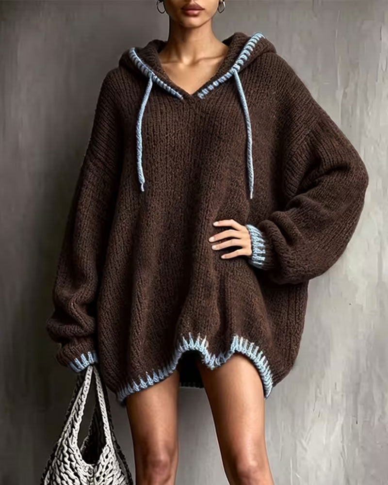 Women's brown hooded knit sweater dress with contrast trim and long sleeves