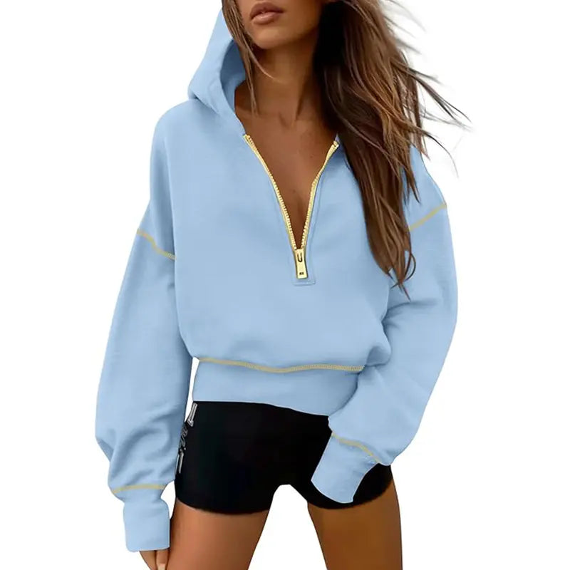 Women's cropped hooded sweatshirt with half zip and contrast stitching