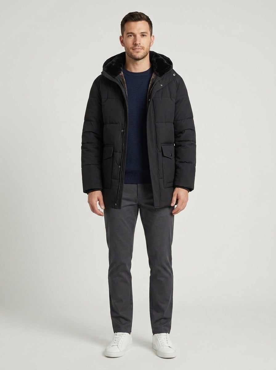 Men's black quilted puffer jacket with hood and flap pockets