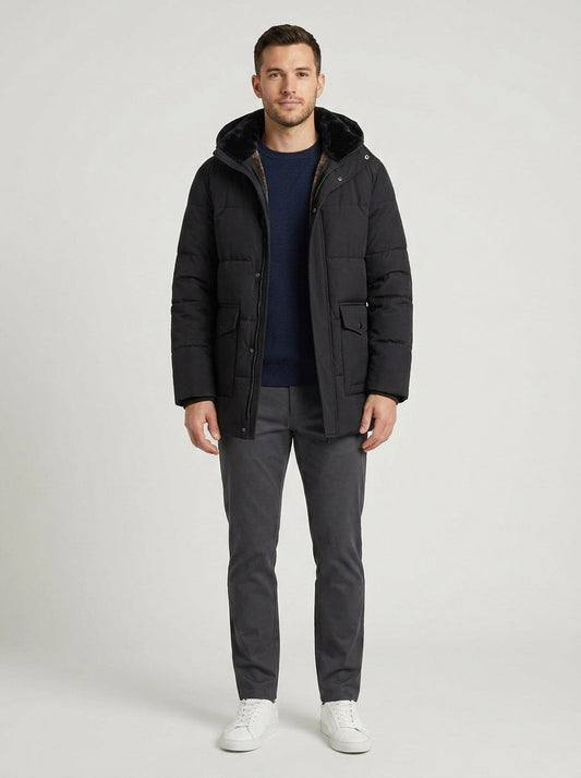 Men's black quilted puffer jacket with hood and flap pockets