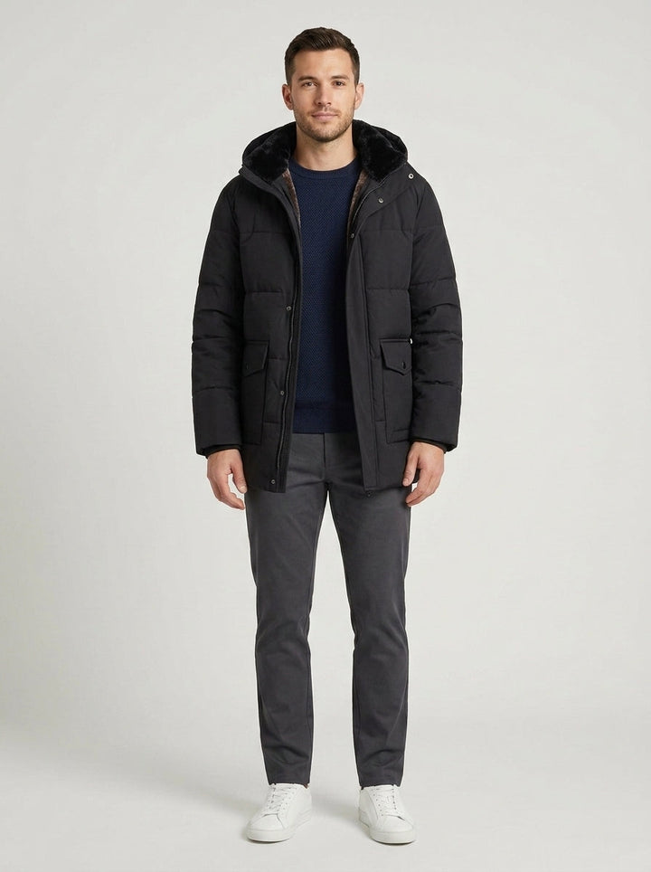 Men's black quilted puffer jacket with hood and flap pockets
