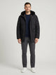 Men's black quilted puffer jacket with hood and flap pockets