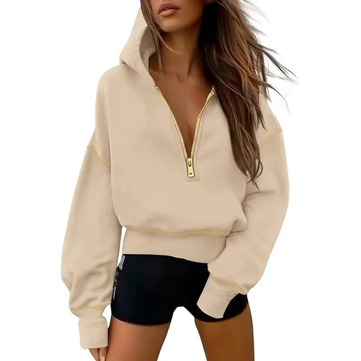 Women's cropped hooded sweatshirt with half zip and contrast stitching