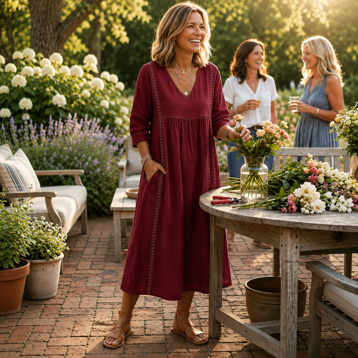 Women's Ruched 3/4-Sleeve Midi Dress — Lightweight Breathable Pocket Summer Dress