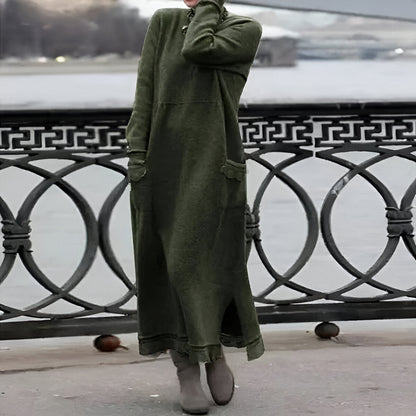 Women's long sleeve high neck maxi dress with side pockets and ankle-length hem