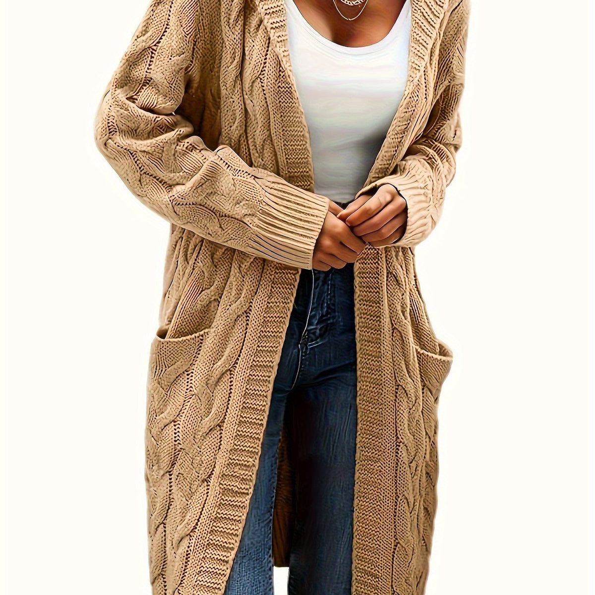 Women's long textured cable knit cardigan with open front and patch pockets