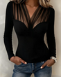 Women's long-sleeve V-neck blouse with sheer striped chest panel