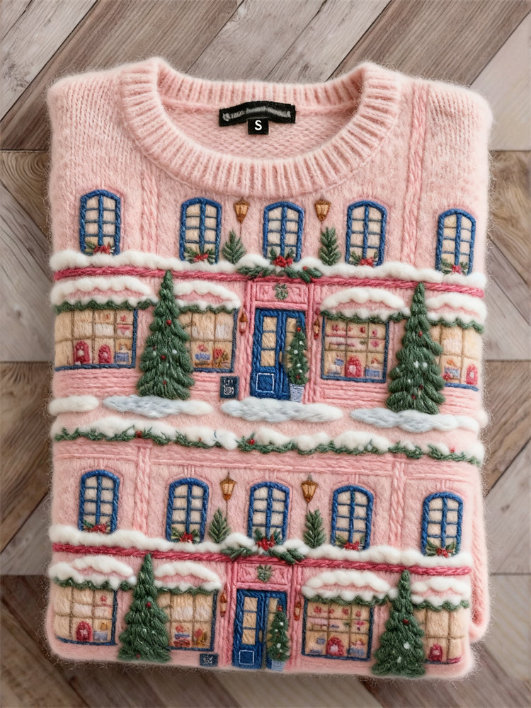 Pink jumper with an illustrated Christmas village scene and ribbed crew neckline