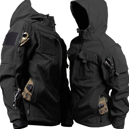 Men's hooded softshell jacket with long sleeves and multiple utility pockets