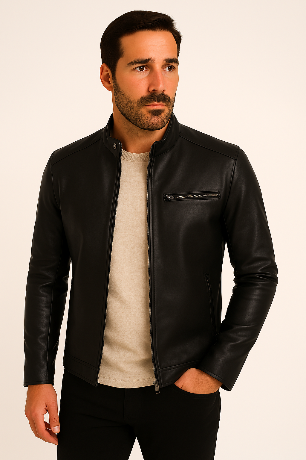 Men's fitted stand collar jacket with long sleeves and zipped chest pocket