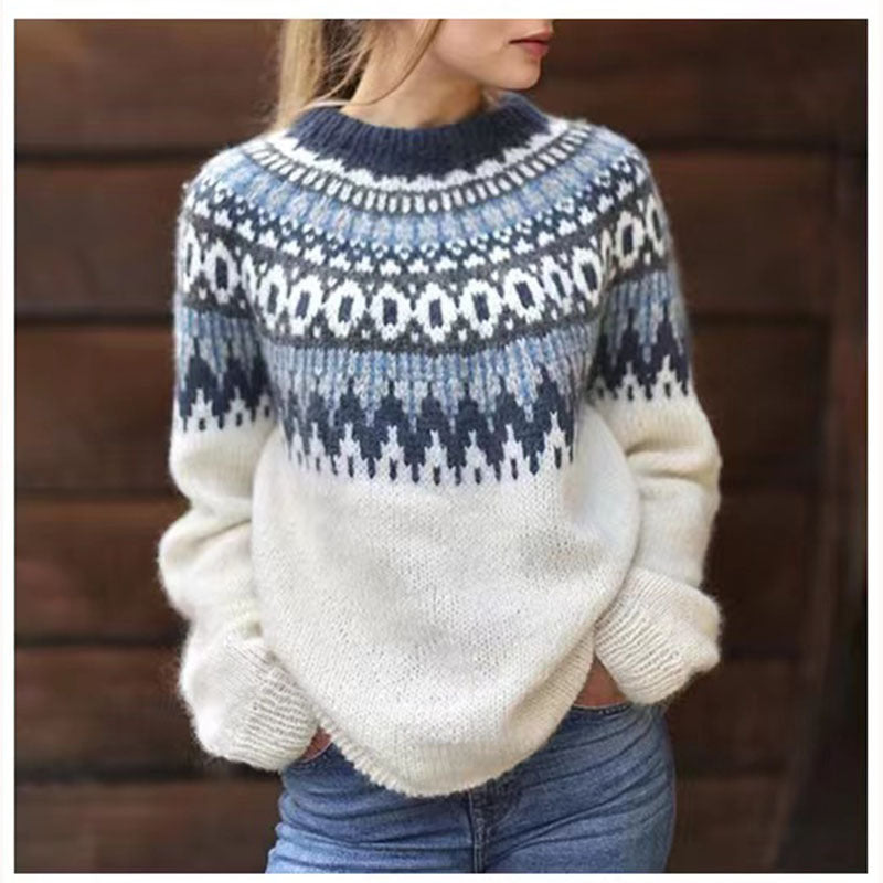 Women's Nordic pattern crew neck sweater with long sleeves
