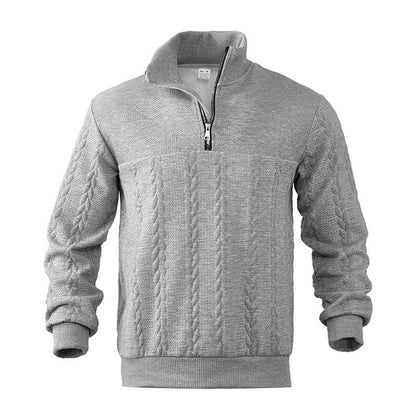 Men's cable knit quarter-zip sweater with mock neck and long sleeves