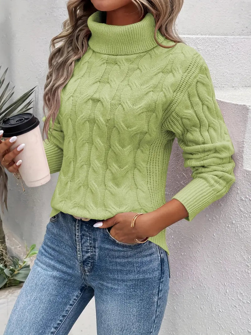 Women's cable knit turtleneck sweater with long sleeves and ribbed trims