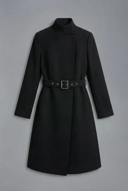 Women's black high neck midi dress with long sleeves and belted waist