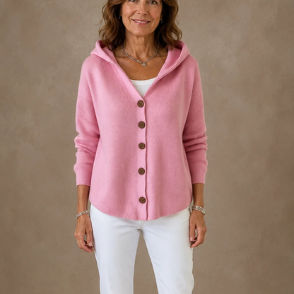 Women's hooded knitted cardigan with button front and long sleeves