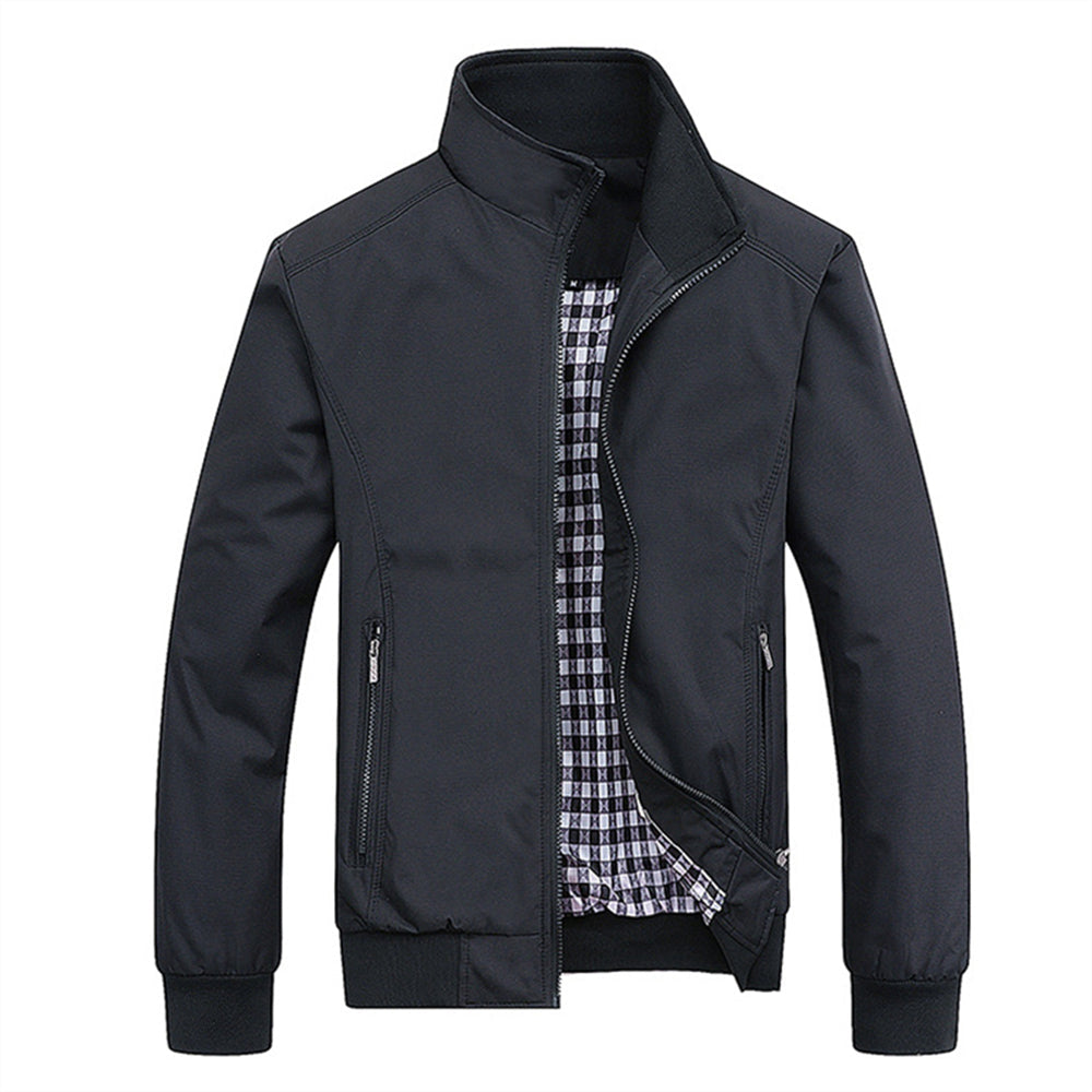 Men's retro stand collar jacket with zip front and patterned lining
