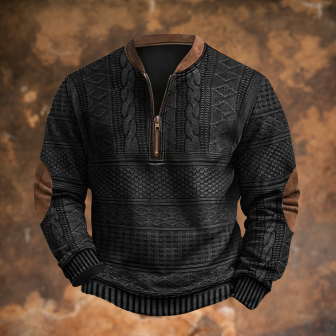 Men's textured geometric knit sweater with mandarin collar and quarter-zip fastening