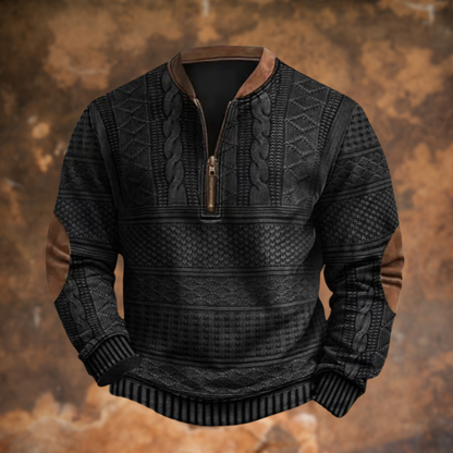 Men's textured geometric knit sweater with mandarin collar and quarter-zip fastening