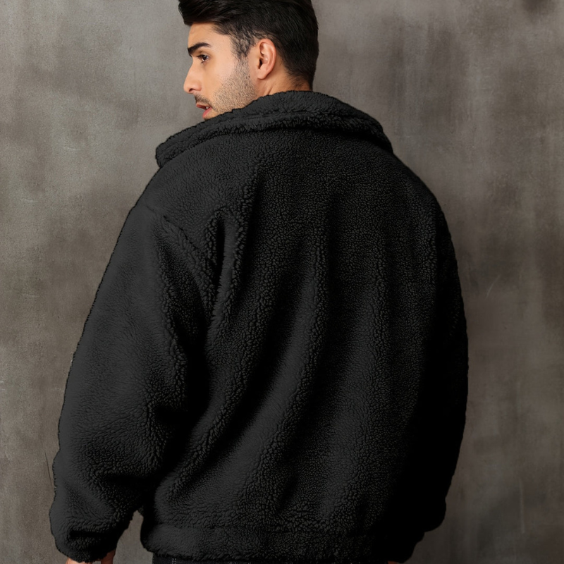 Men's textured fleece jacket with stand collar and front zipper